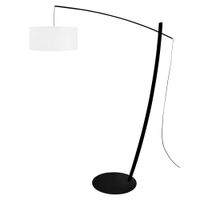 lampara de pie arco metal negro madera naturel pantalla blanco