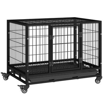 PawHut Jaula de Metal para Perros con Ruedas y Frenos Bandeja Extraíble y Puerta con Pestillo para Golden Retriver 92x62x75 cm Negro   Aosom España