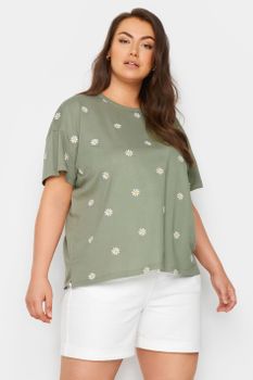 Limited Collection Camiseta Algodón Verde Con Margaritas Bordadas, Mujer Curvy Y Tallas Grandes, Limited Collection