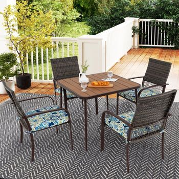 Conjunto Comedor Jardín 4 Sillas Ratán Cojines Mesa Cuadrada Agujero Sombrilla