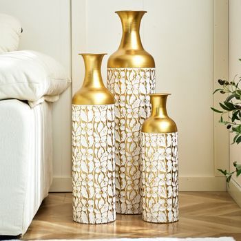 Set De 3 Jarrones De Suelo - Decoración Hogar - Metal - Blanco Y Dorado (19.5x19.5x85cm)
