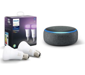 PHILIPS Hue White & Colour Ambiance E27 Bulb Twin Pack & Echo Dot (2018) - Charcoal, White