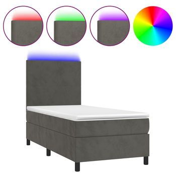 Cama Individual | Cama Para Adultos | Cama Box Spring Colchón Y Led Terciopelo Gris Oscuro 90x190 Cm