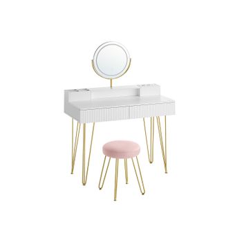 Tocador con Taburete e Iluminación, Blanco Mate + Dorado Pálido / 100A cm