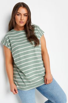 Yours Camiseta Algodón Verde De Rayas Blancas Manga Sisa, Mujer Curvy Y Tallas Grandes, Yours