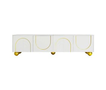 Mueble tv bajo - puertas estructuradas, cajones y estantes abiertos, tiradores y patas doradas - blanco