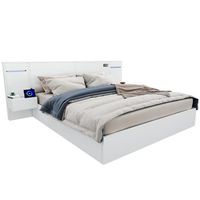 cama doble 160x200 cm madera usb reloj bluetooth led 2 mesitas de noche blanca