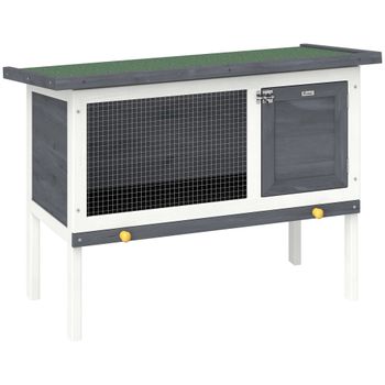 PawHut Conejera de Madera, Jaula para Conejos Medianos con Techo Asfáltico Abatible Bandeja Extraíble Puerta con Pestillo Gris