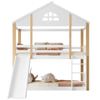Litera Infantil 90x200 Cm - Con Ventanas, Tobogán, Escalera De Ángulo Y Barandillas De Seguridad - Blanco+natural