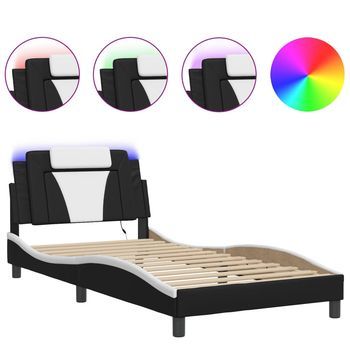 Cama Para Adulto | Cama Individual | Estructura Cama Con Led Cuero Sintético Negro Blanco 100x200 Cm