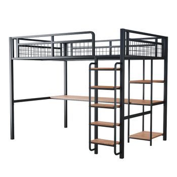 Cama Elevada De Metal 140x200 Cm, Con Escalera Segura Y Mesa Y Estantería Integrados, Baranda De Seguridad De Metal, Juvenil Y Adulto, Multifuncional, Resistente Hasta 120 Kg, Negro