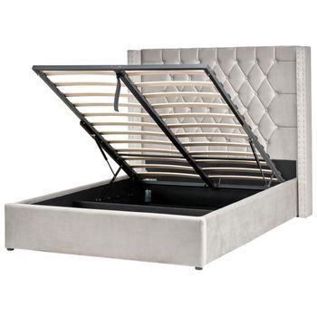 Cama Con Almacenaje De Terciopelo Gris Claro Plateado 140 X 200 Cm Cabecero Lubbon