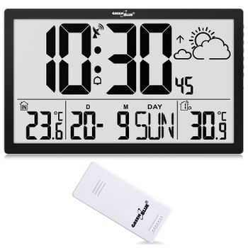 Green Blue GB218 Reloj de Pared Grande Digital con Sensor Exterior, Reloj DCF, Alarma con Función de Repetición, Pantalla LCD, Temperatura Interior y Exterior, Previsión, Dimensiones 37 x 22,5 cm