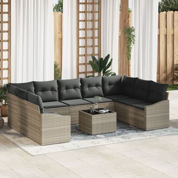 Conjunto De Sofás De Jardín De 10 Piezas Con Cojines Gris Ratán Polietileno V4786 Unico / Gris
