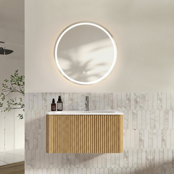 Conjunto De Mueble De Baño Suspendido De 80 Cm Con Espejo Redondo Led De 80 Cm