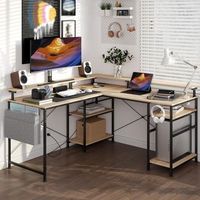 escritorio gaming en forma de l con led toma de corriente estantes y soporte para pantalla escritorio reversible para oficina en casa beige