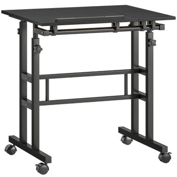 HOMCOM Escritorio Sentado y de Pie Regulable en Altura 70x60 cm con Ruedas y Tablero Inclinable de Estructura Metálica Negra   Aosom España