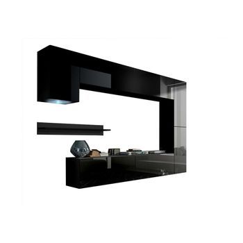 Conjunto De Muebles De Salón Negros Colgantes Colección Cepto Vi 256 Cm, 7 Puertas, 6 Estantes, Led, Modulares
