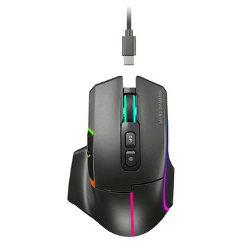 Mars Gaming MMW-VECTOR, ratón inalámbrico para juegos de tres modos, Bluetooth 5.4 + 2.4GPRO + cable USB-C, sensor óptico de 12000 DPI, interruptores HUANO, RGB Chroma, autonomía de hasta 70 h,