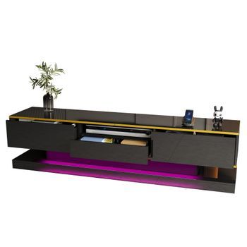 Mueble Tv Moderno Negro 180 Cm, Mesa Tv Alto Brillo Con Luces Led Multicolor Y 3 Cajones, Madera Pb