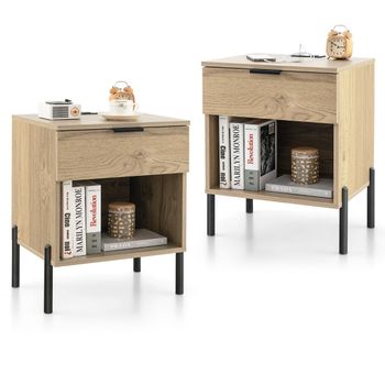 Costway Juego de 2 Mesitas de Noche Inteligentes con Cargador Cajón y Estante Mesa Auxiliar Salon Dormitorio 45 x 40 x 58cm Natural