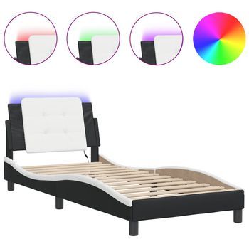Cama Individual | Cama Para Adultos | Estructura Cama Con Led Cuero Sintético Negro Blanco 100x200 Cm