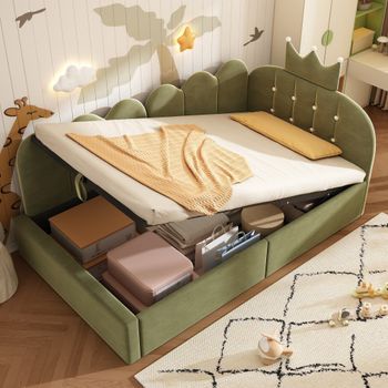 Cama Plegable Hidráulica Tapizada De 90x200 Cm En Terciopelo Verde.