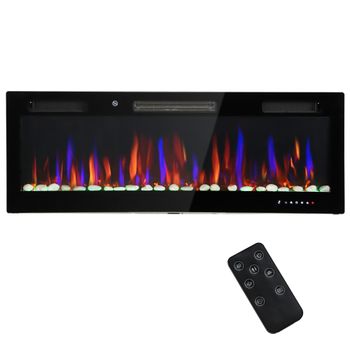 HOMCOM Chimenea Eléctrica Pared Empotrable Ultrafina con Llama 3D Brillo/Velocidad Ajustable y 12 Colores Guijarros 900/1800W   Aosom España
