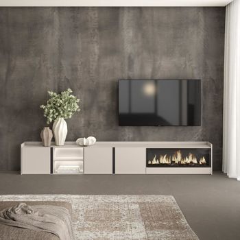 Mueble tv efecto madera beige 315x35x50cm chimenea efecto fuego