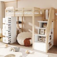 cama alta infantil de 90 x 200 cm madera color natural cajones y barandilla