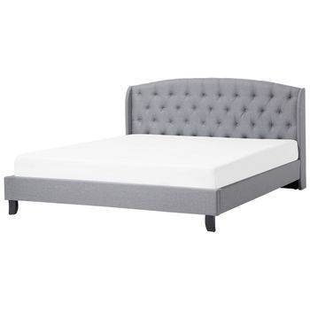 Cama Doble Tapizada Gris 180 X 200 Cm Con Somier Y Cabecero Acolchado Bordeaux