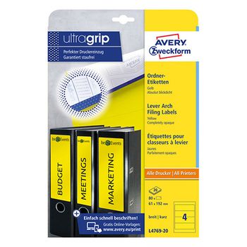 Avery Zweckform L4769-20 Etiquetas para lomo de carpeta 192 x 61 mm, color amarillo (80 etiquetas)