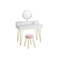 tocador con taburete e iluminacion blanco mate  dorado palido  100a cm