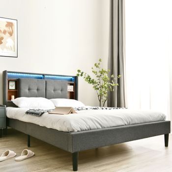 Cama Doble Tapizada Con Cabecero De Almacenamiento, Cargador Usb Y Iluminación Led, Somier De Lamas De Madera, 140x200 Cm, Gris