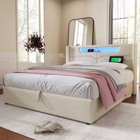 cama tapizada beige 160x200 con almacenamiento led y puertos usb