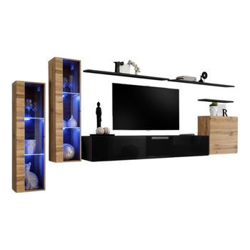 Conjunto De Muebles De Salón Mural Switch Xi De Diseño, En Color Negro Brillante Y Roble Wotan.