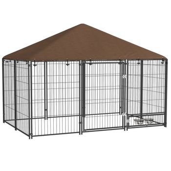 PawHut Perrera con Toldo y Soporte Giratorio para Comida 2 Cuencos Incluidos 211x141x151 cm Negro   Aosom España