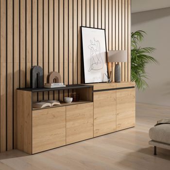 Aparador efecto madera roble y negro 200x35x75cm