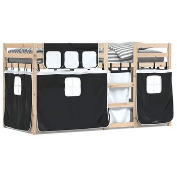 Cama Individual | Litera Con Cortinas Madera Maciza Pino Blanco Y Negro 90x190 Cm