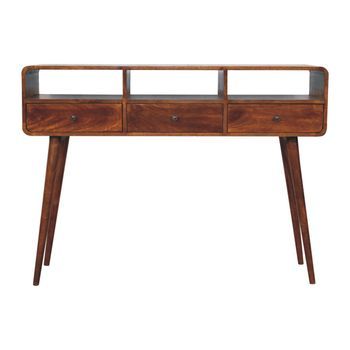 Mesa Consola De Madera Maciza, Estilo Artesanal, Con Triple Curvatura, Color Castaño.