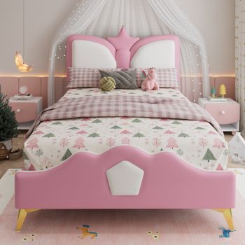 Cama Infantil Individual De 90x200 Cm Con Cabecero De Corona, Acolchada Rosa Y Blanca