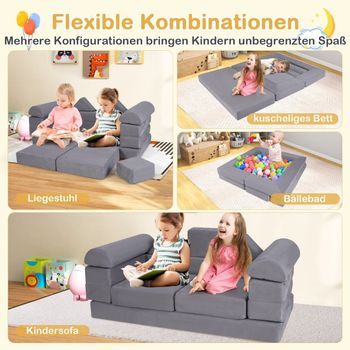 Sofá Modular Para Niños Sofá De Juego De 9 Piezas Hecho De Bloques De Espuma Con Cómoda Tela De Gamuza Gris