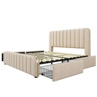 cama de lino beige 180 x 200 cm con cuatro cajones detalles dorados y usbusb-c sin colchon