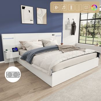 Cama Doble 160x200 Cm Con 2 Mesitas De Noche Y Cabecero Grande - Mdf - Toma Usb - Blanco (sin Colchón)
