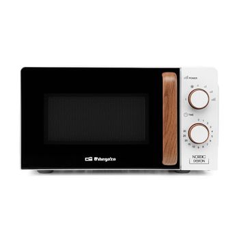 Orbegozo MI 2122 - Microondas con 20 litros de capacidad, diseño nórdico, asa de madera, 6 niveles de potencia, temporizador, 700 W