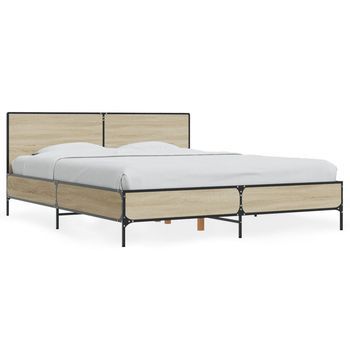 Cama Doble | Cama Para Adultos | Estructura Cama Madera Ingeniería Metal Roble Sonoma 160x200 Cm