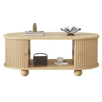 Mesa De Centro Ovalada Con Almacenaje Y Puertas Corredizas - Madera Natural - Ahorra Espacio