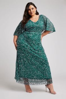 Luxe Vestido Verde Largo De Pico Con Lentejuelas, Mujer Curvy Y Tallas Grandes, Luxe: Ultimate Embellishment