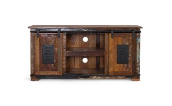 Mueble de tv fabricado en madera reciclada multicolor