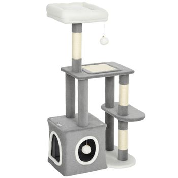 PawHut Árbol rascador para gatos con casita, cama y 2 bolas, en madera y peluche, 55x40x107 cm, gris y blanco   Aosom España